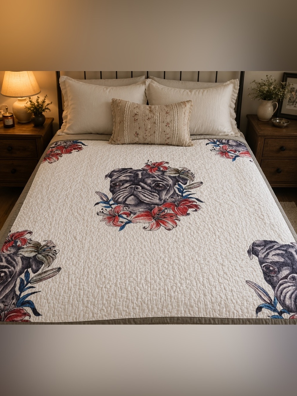 Pug & Lily Printed Quilted Bedspread - Cream with Black, Red and Blue Accents